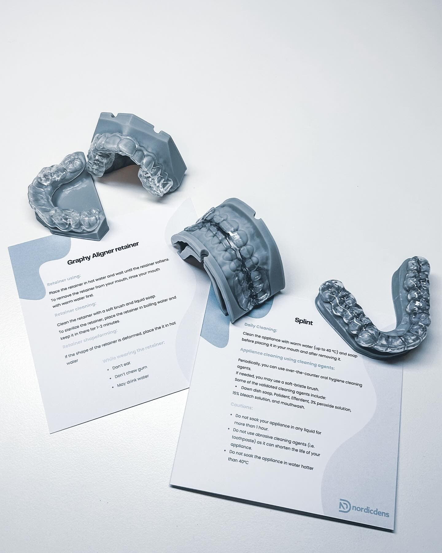 Graphy aligner retainer and splint with care instructions produced by NordicDens laboratory